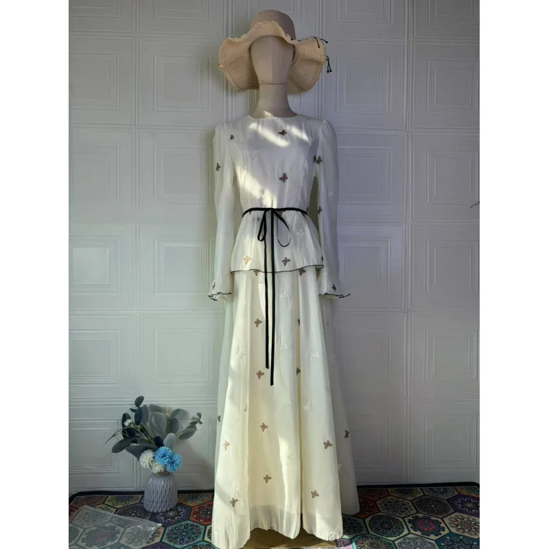 2025New Summer Style Soft Elegant Temperament Long Sleeve Waist Cinched Long Dress Fashionable Women's Dress