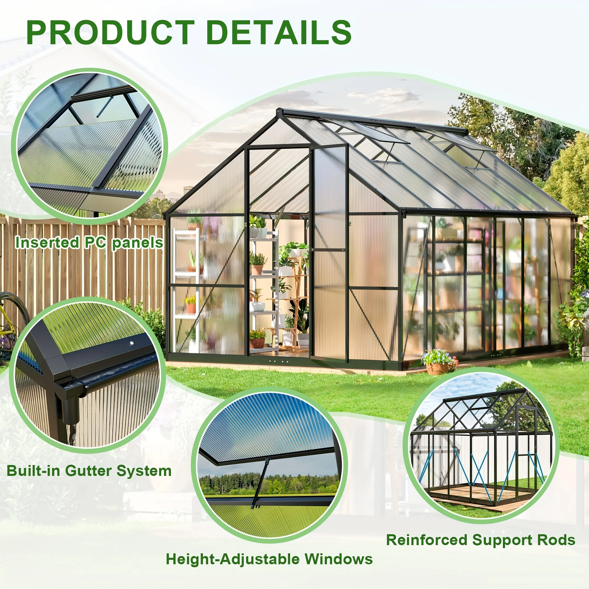 Modern 10x18FT Multi-Size Polycarbonate Greenhouse PC Panels Aluminum Frame Vent Roof UV Protection for Backyard Garden Patio