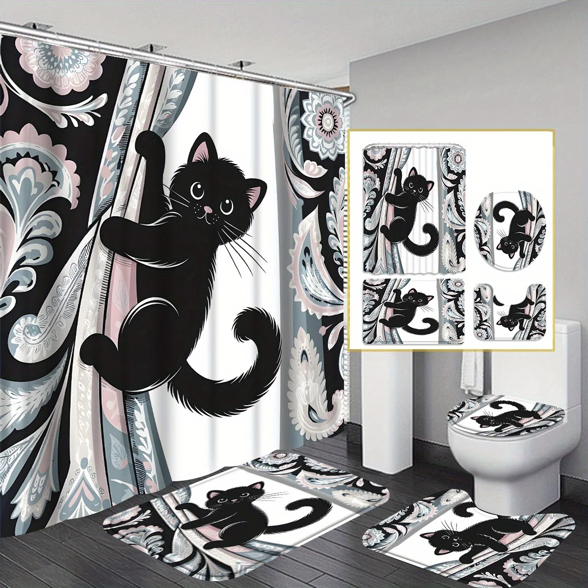 

4pcs Little Black Cat shower curtain set, vintage print shower curtain, black and white theme shower curtain, cat climbing curta