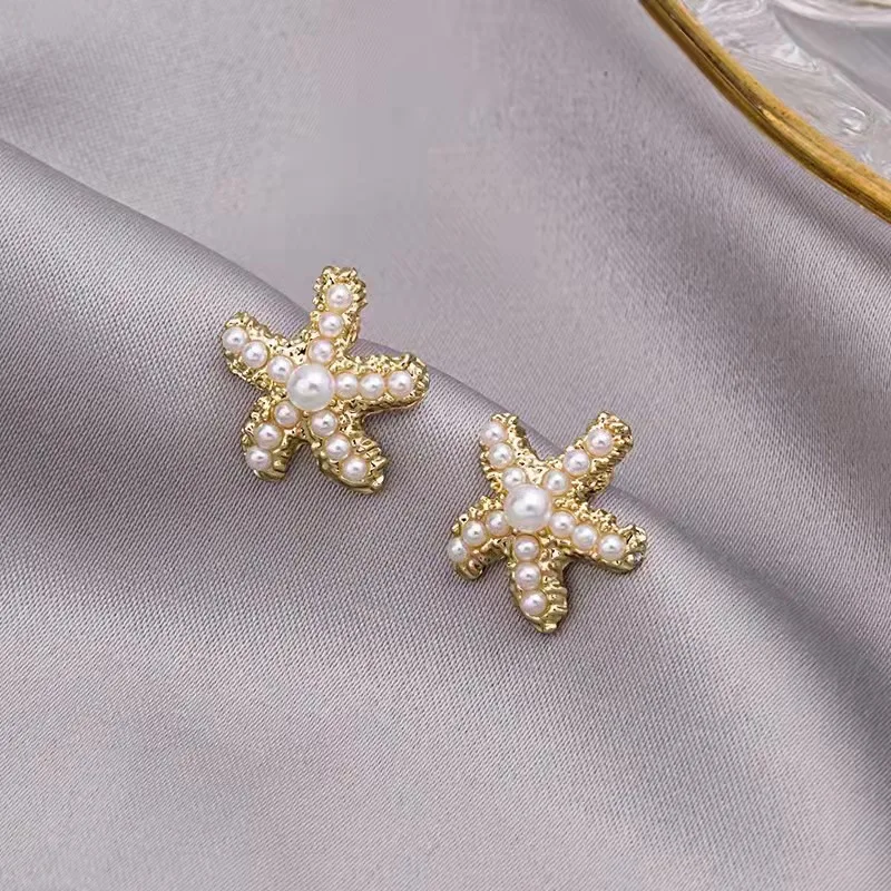 Fashion Popular Golden Base Inlaid Faux Pearl Sea Star Earrings For Women Trendy Sexy Jewelry Party Office Festival Girls Gifts