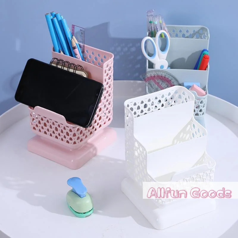 Desktop Stationery Organizer Multi Compartment Hollow PP Plastic Pen Holder with Phone Stand Slot for Office Home Study Desk