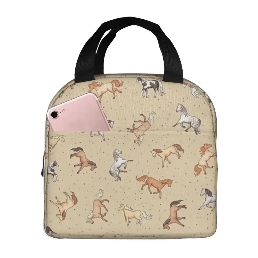 Scattered Horses Spotty On Cherry Blossom Pink Pattern Insulated Lunch Bags Resuable Picnic Bags Lunch Tote for Woman Work Kids
