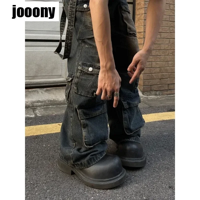 جينز ريترو متعدد الجيوب لعام 2024 للرجال مخصص هاراجوكو شعور متقدم فضفاض مستقيم الساق سراويل هيب هوب جينز فضفاض