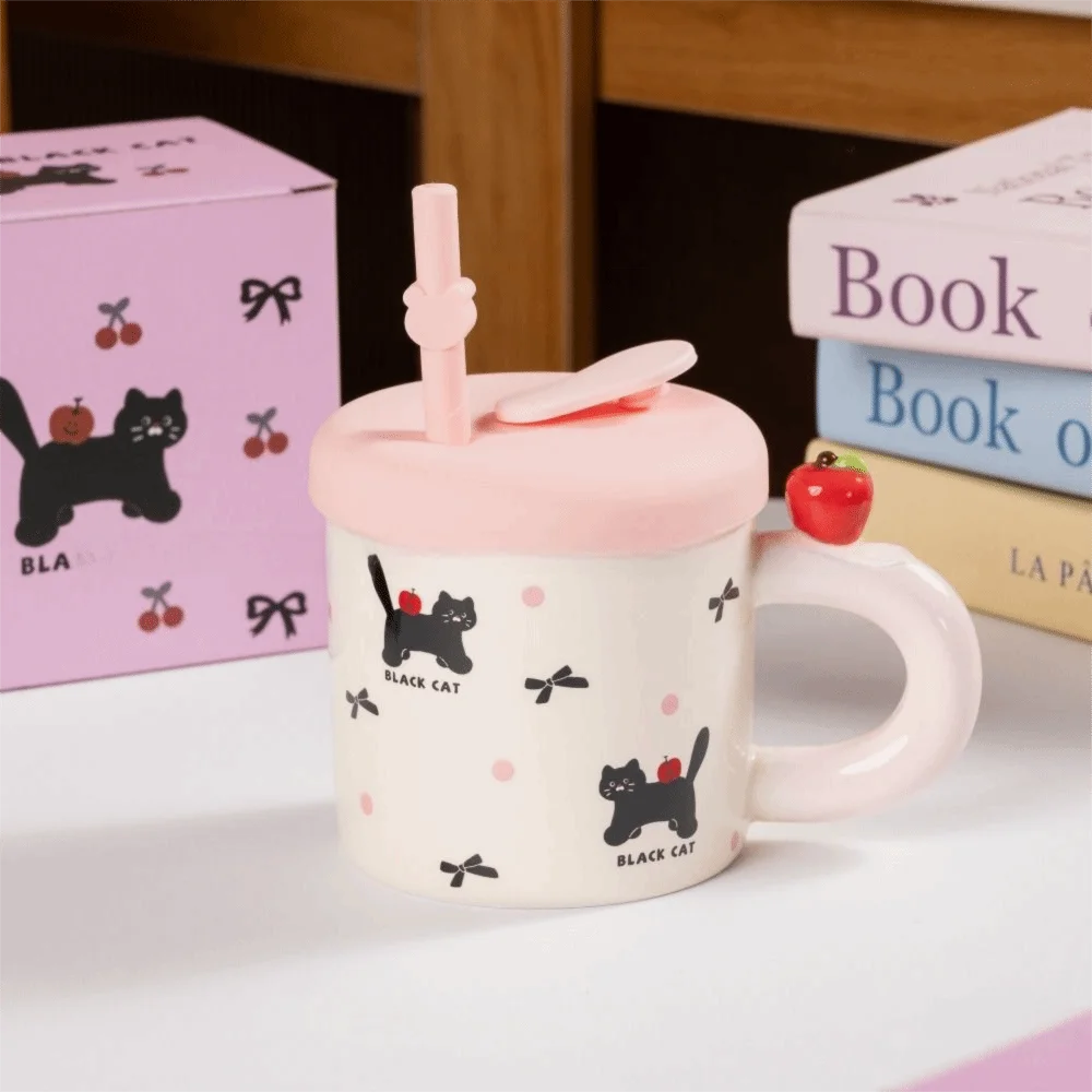 

Cute Cat Pattern Ceramic Coffee Mug with Handle with Straw Cute Drinking Cup Comfortable Grip Handmade Water Cup with Lid