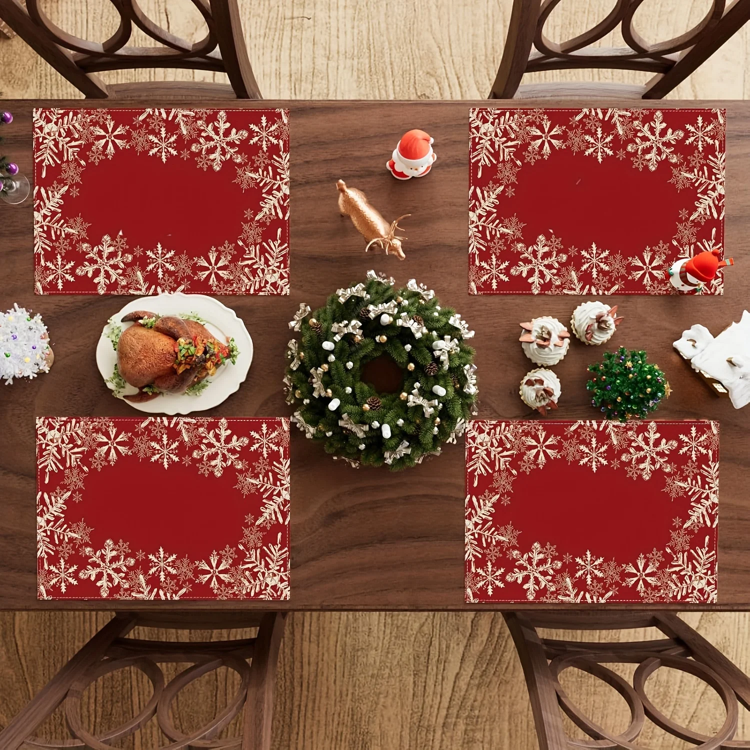 VIKAMA 4-Piece Winter Solstice Snowflake Placemats Easy-Clean Winter Solstice Family Feast & Christmas Party Winter Table Decor
