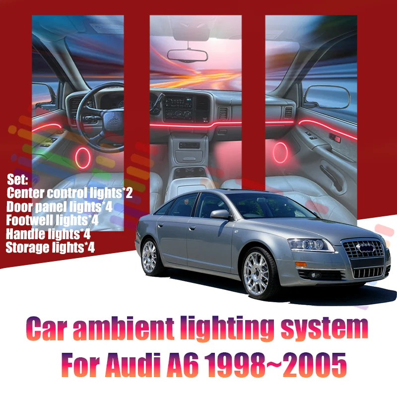 Luces LED Ambientales para Audi A6 1998~2005 4B, Luces de Atmósfera Coloridas, Tira de Neón Interior para Auto, Iluminación RGB de 64 Colores, Accesorios para Auto