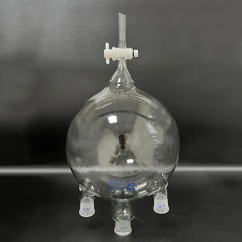 

Three-necked round bottom flask straight shape 10000mL,Mid 34/35,Side 34/35,With three necks standard ground mouth,PTFE switch