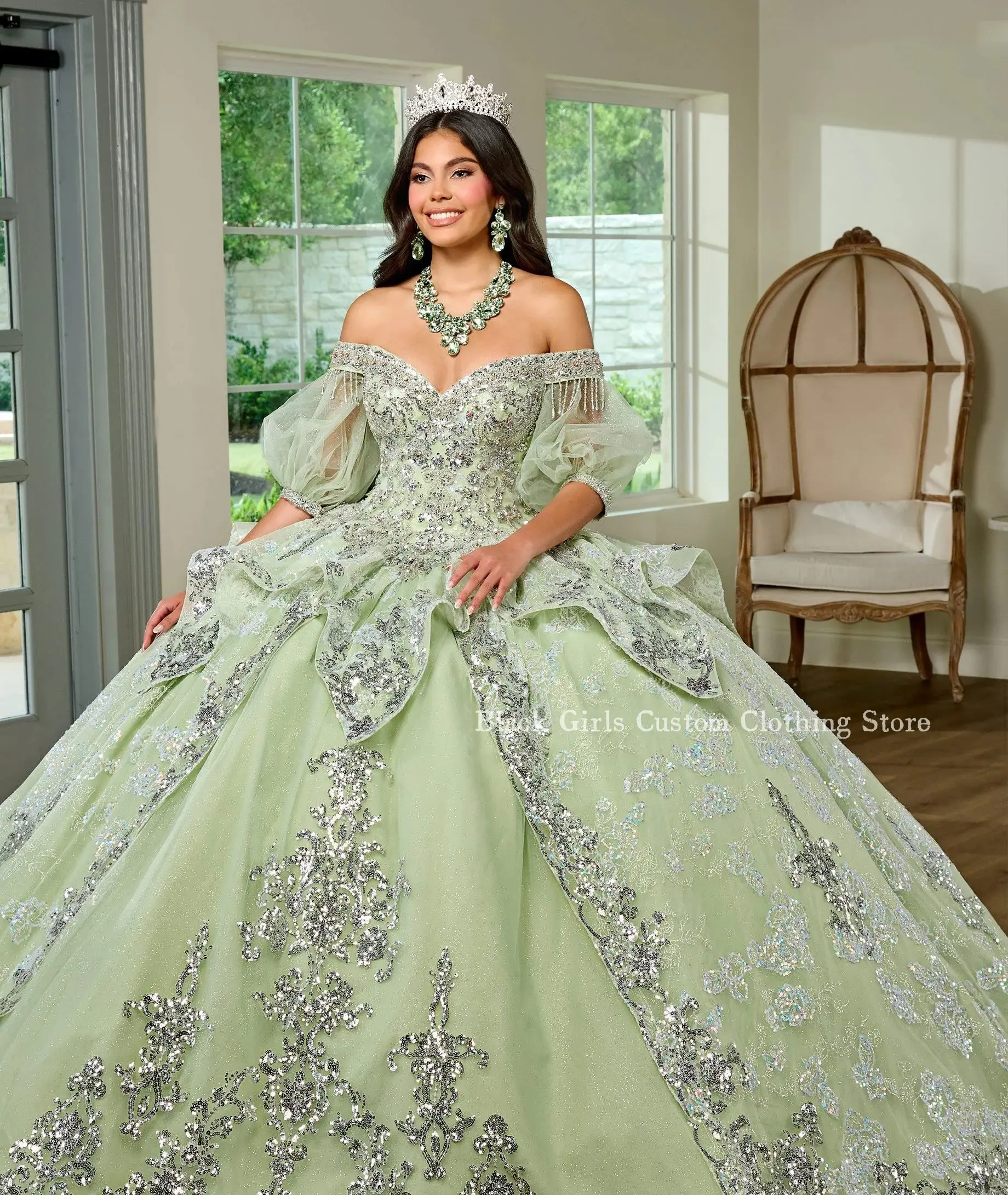 Exquisitos vestidos de baile verde claro, vestido elegante de un hombro con incrustaciones de cuentas, tul, una palabra, tutú de princesa, 15