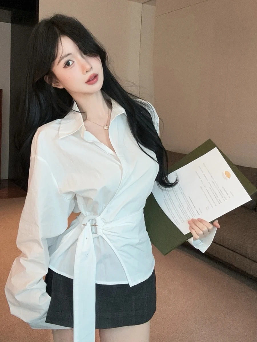 

Sexy Long Sleeve Shirt with Belt Tie Waist Pleated French Style Slim Fit Slimming Top Women's Daily Wear Pure Color Shirt