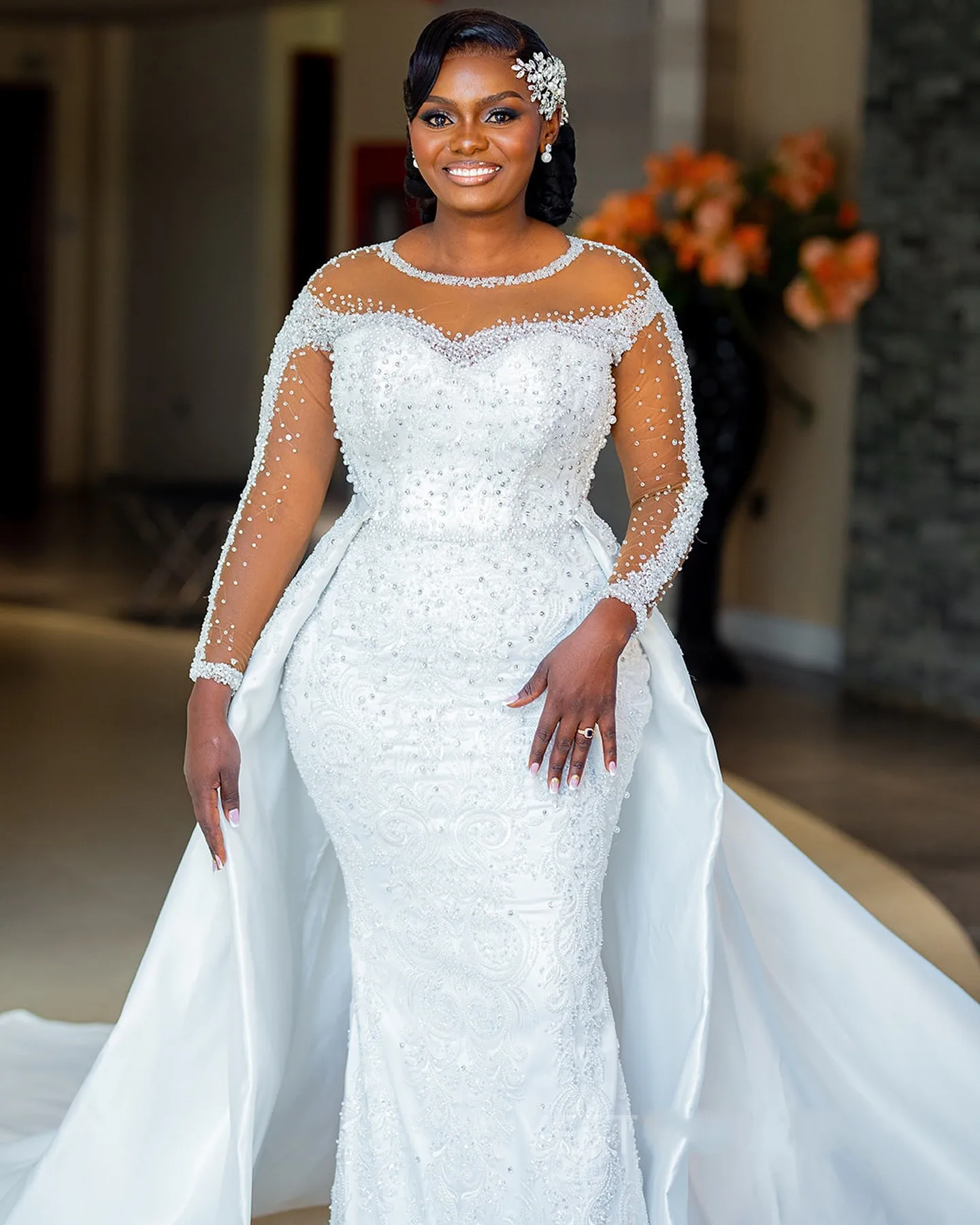 2026 Свадебное платье русалки со съемным шлейфом, прозрачное свадебное платье с длинными рукавами и вышивкой из бисера для невесты