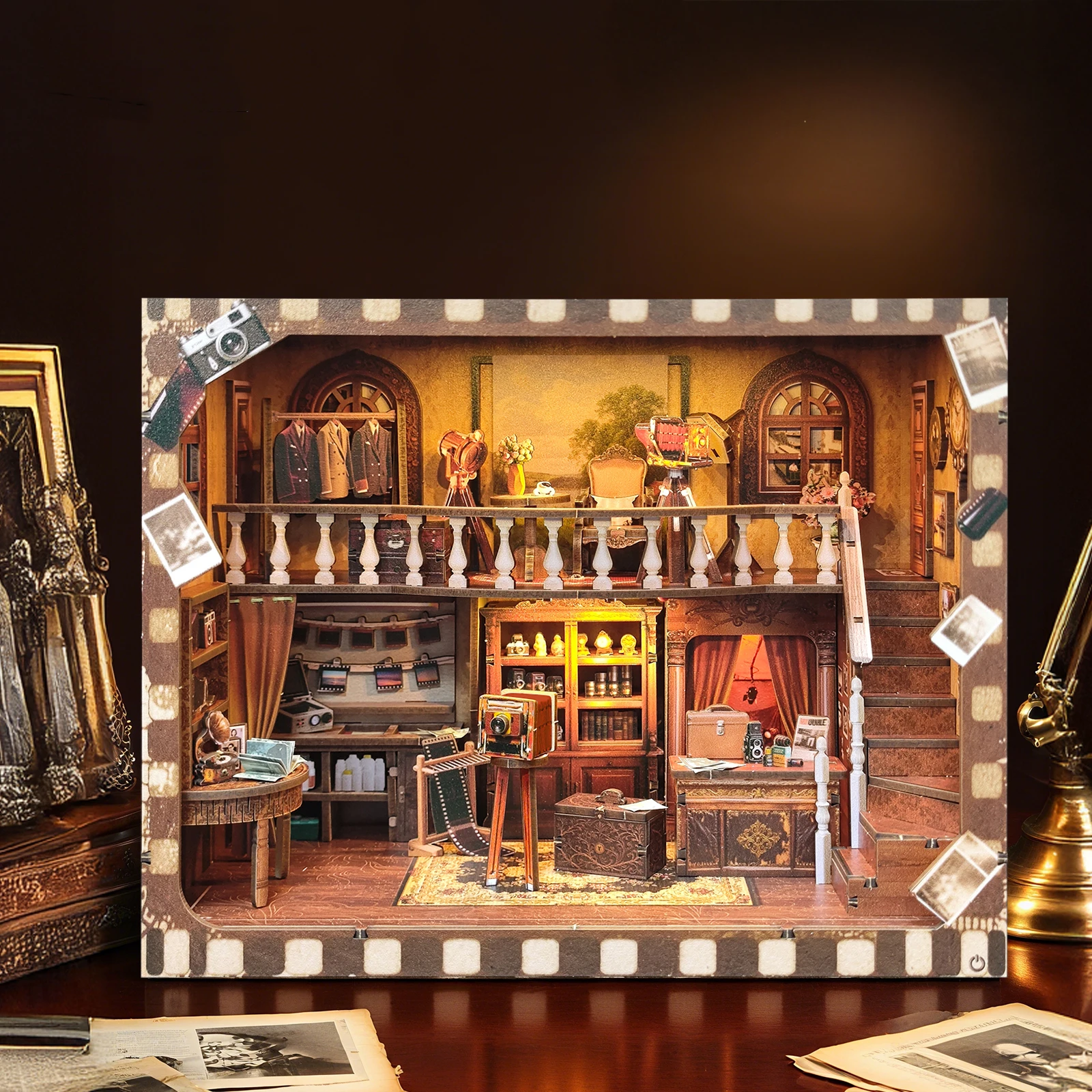 DIY Wooden Book Nook Shelf Insert Kit Nostalgic Photo Studio Bookend Miniature Model Kits Bookshelf with Light for Friends Gifts