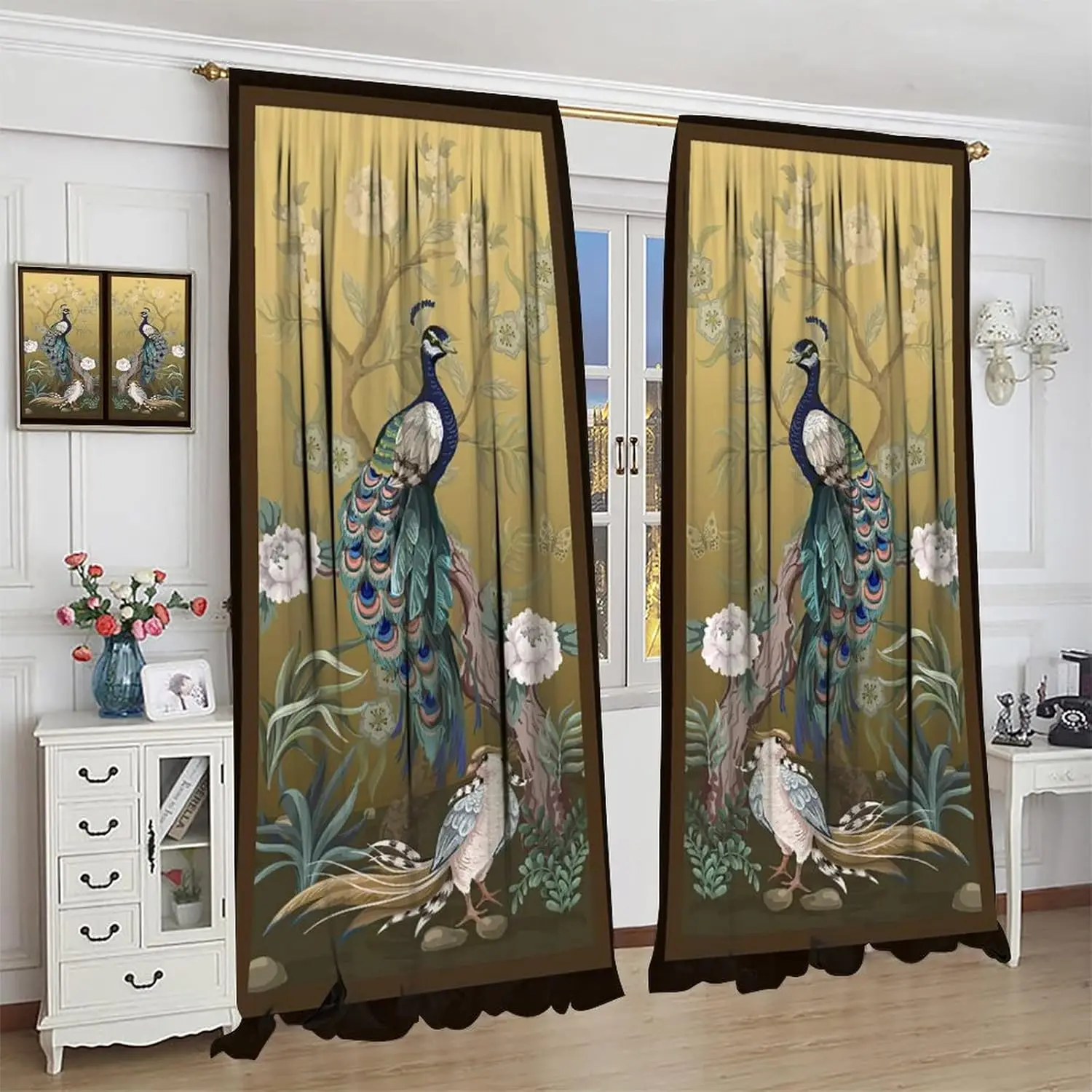 Peacock Peony Curtains,Vintage Asian Chinese Style Japanese Decor Blackout Window Door Curtains for Bedroom Living Room Dining