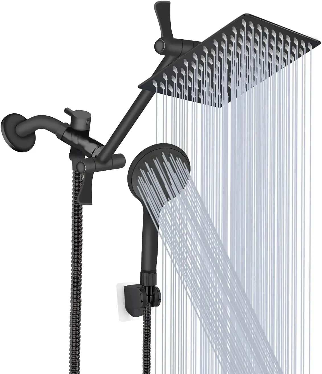 

12'' High Pressure Rainfall & Handheld Shower Combo with 11'' Extension Arm, 9 Settings, Adjustable Matte Black