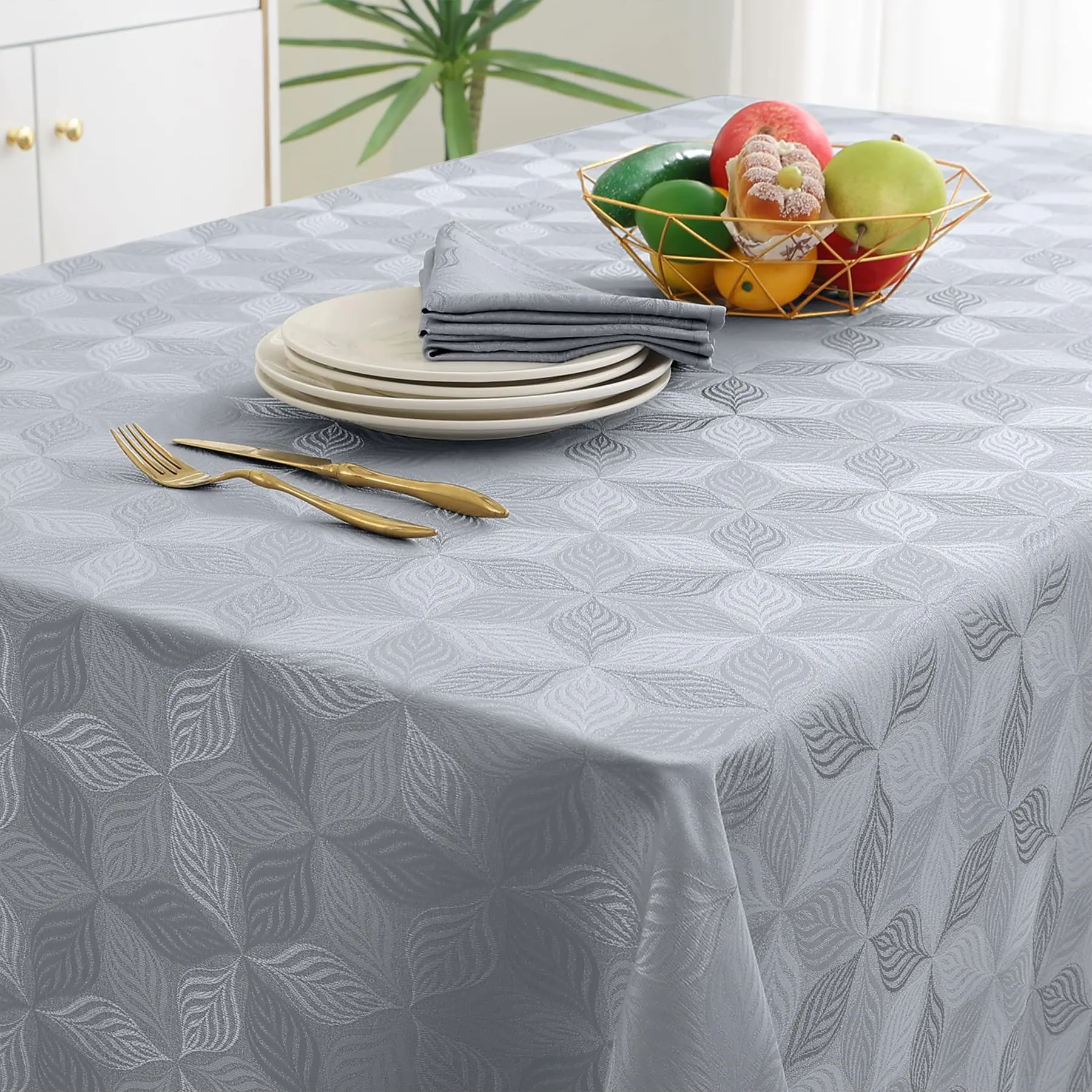 Olanly Rectangle Table Cloth For Home Jacquard Dyeing Tablecloth For Banquet Party Leaf Flower Diagram Polyester Tablecloth Grey