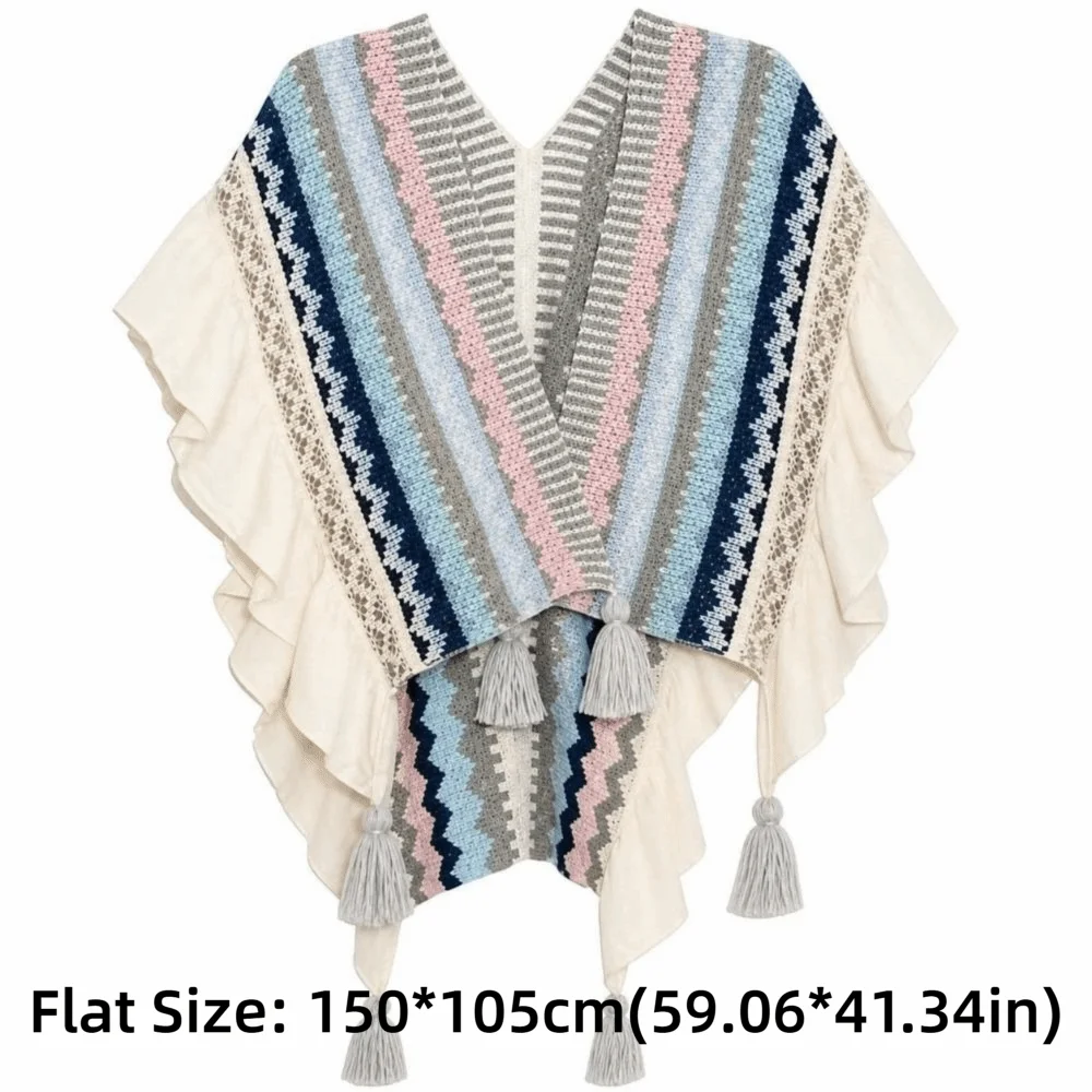 Striped Knit Knit Poncho Shawl Ruffled Hem Loose Fit Ethnic Tassel Wrap Warm Winter Faux Cashmere Knitted Cape Pullover
