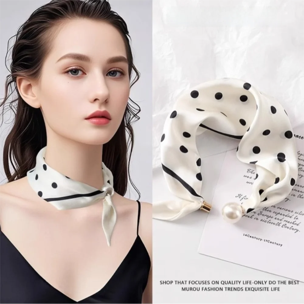 Fashion Pearl Buckle Silk Scarf Printed Soft Neck Scarf Thin Lightweight Neckerchief Women