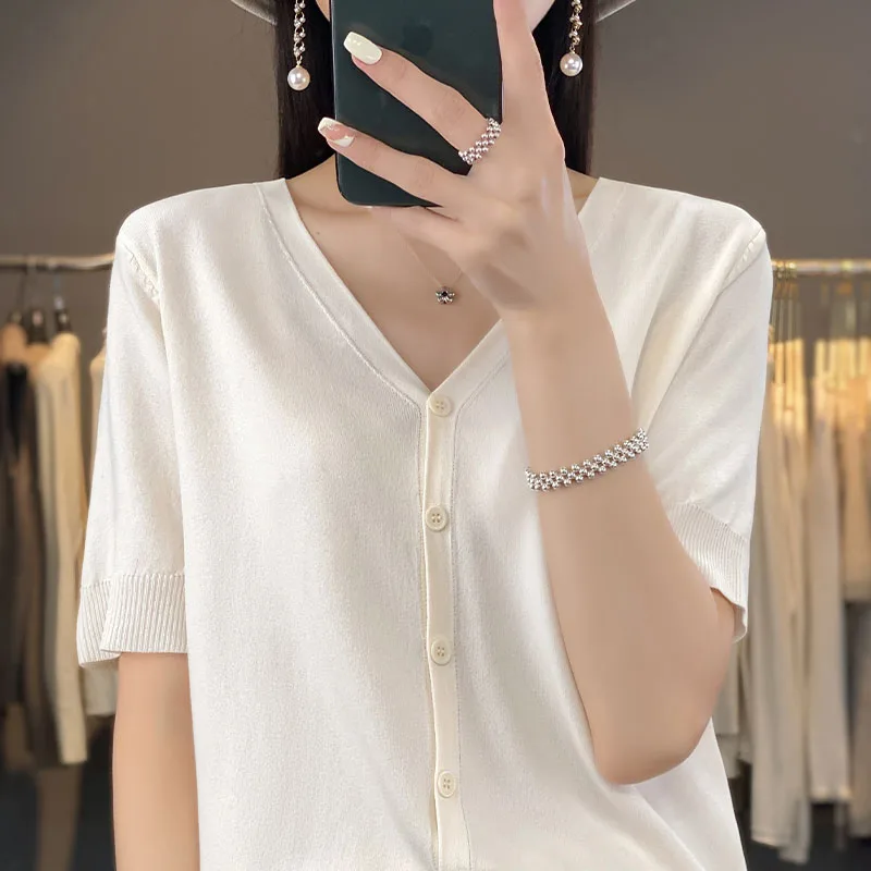 Spring And Summer New Ice Silk Cardigan Short Sleeve V-Neck Joker Loose Thin T-Shirt Sweater Bottoming Shirt Top