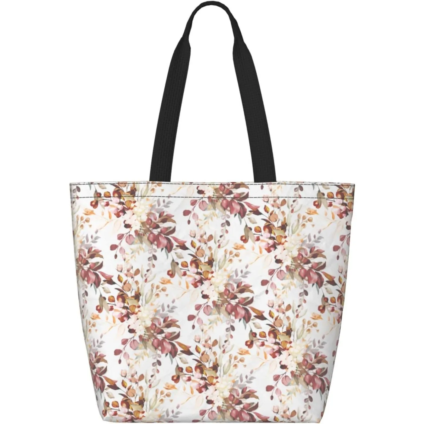 Bolsa de mano de papel de aramida de eucalipto de goma rústica de otoño de acuarela con bolsillo con cremallera, bolsa de compras reutilizable, ligera e impermeable