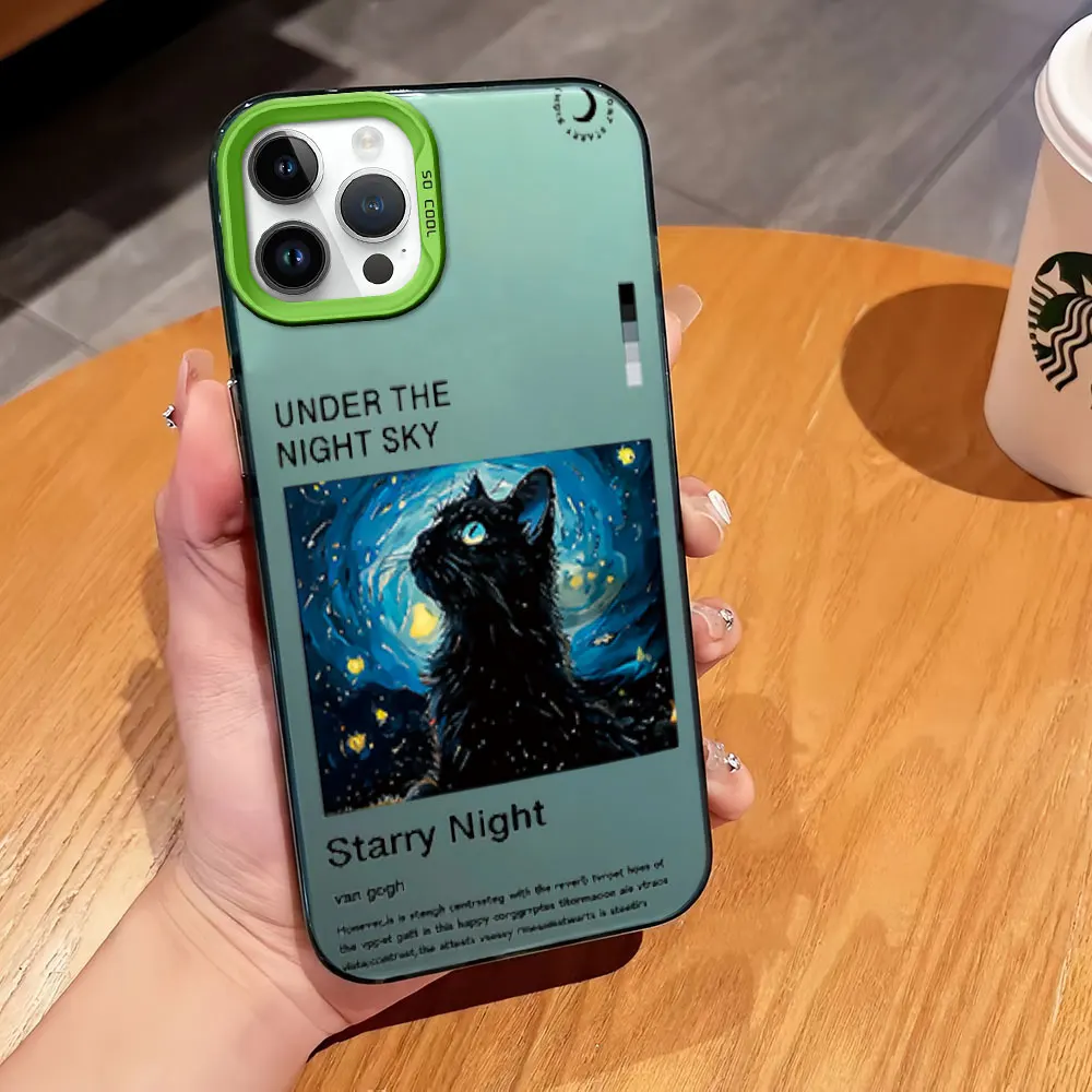 Coque de téléphone avec placage IMD pour iPhone, Vincent Van Gogh, Starry Night Black Cat Art, 12, 11, 13, 14, 15, 16 Pro Plus