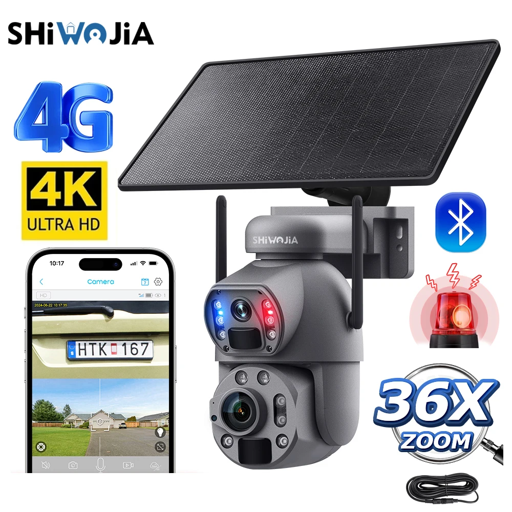 

SHIWOJIA 4K 8MP 4G SIM Solar PTZ Camera 36X Zoom Dual Lens Dual PIR Humanoid Tracking Outdoor Security Surveillance 12000mA