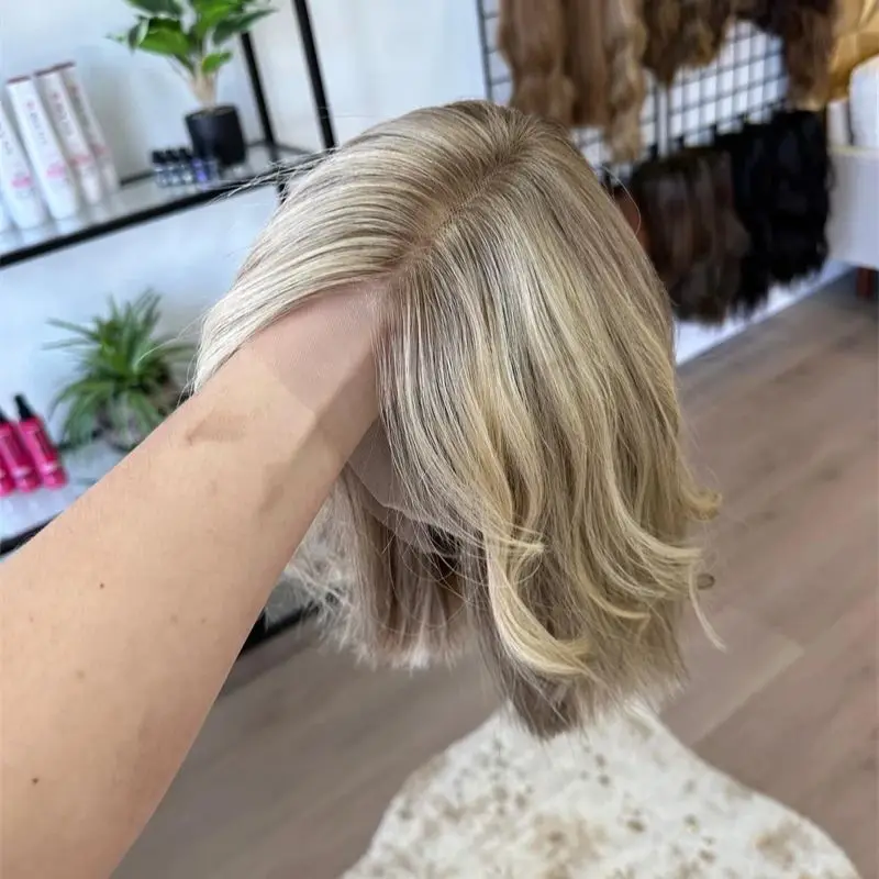 

Pre Plucked Hairline Blonde Wig Short Wavy Bob Synthetic Lace Front Wig Glueless Heat Safe Synthetic Hair Lace Wigs for Women