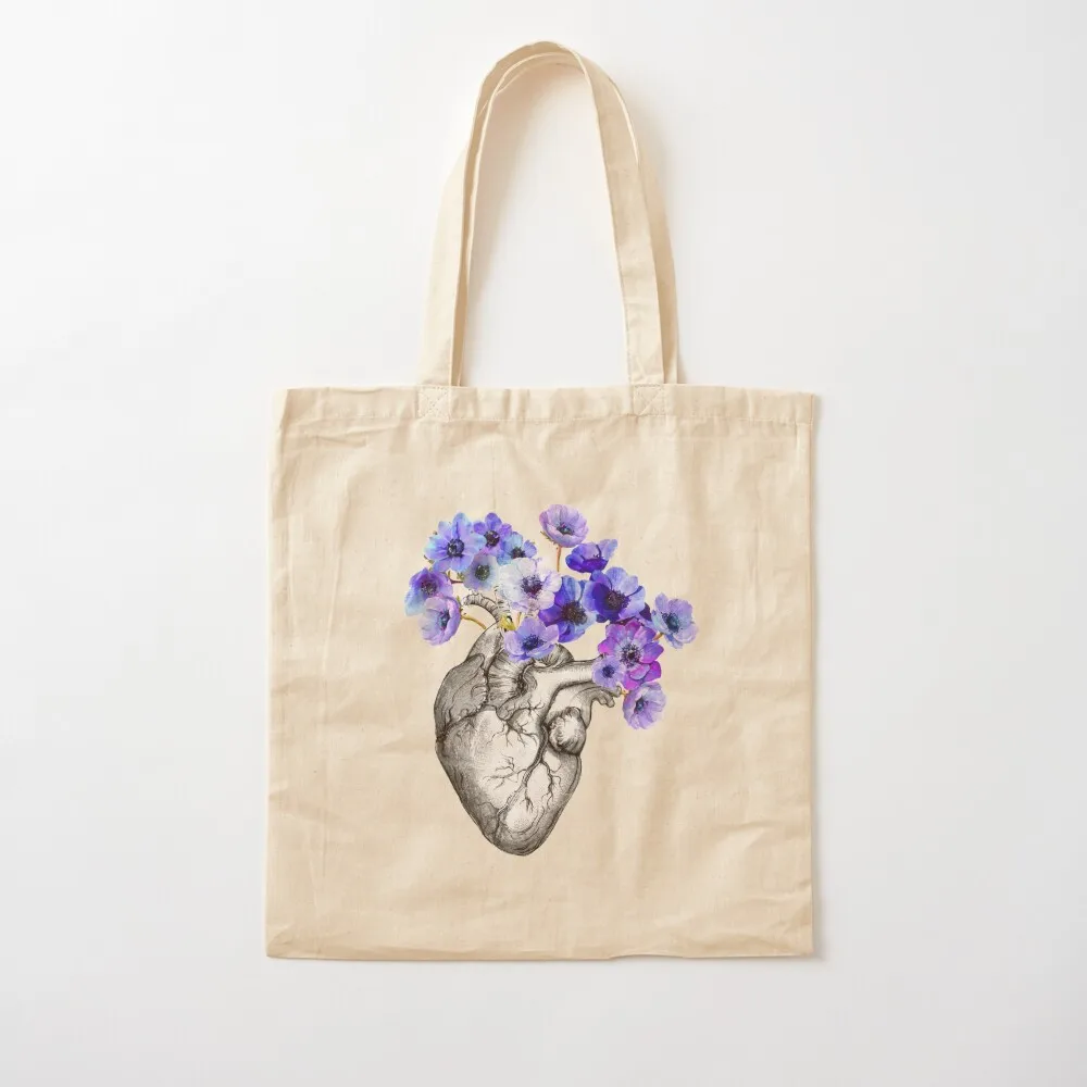 heart, human, anatomy, blue flowers Tote Bag tote bag screen Women's handbag Canvas Tote Bag