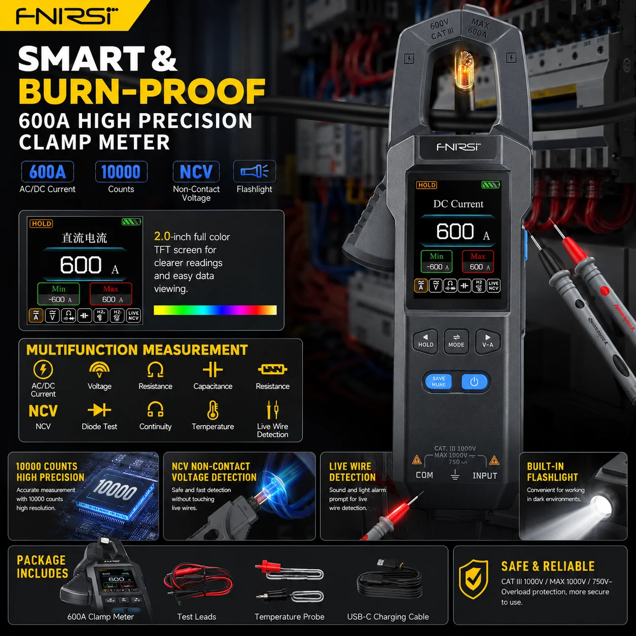FNIRSI DMC-100 10000 Counts USB Rechargeable 600A DC AC Clamp Meter Digital Multimeter 600A Amperimetric NCV Electrician Tool