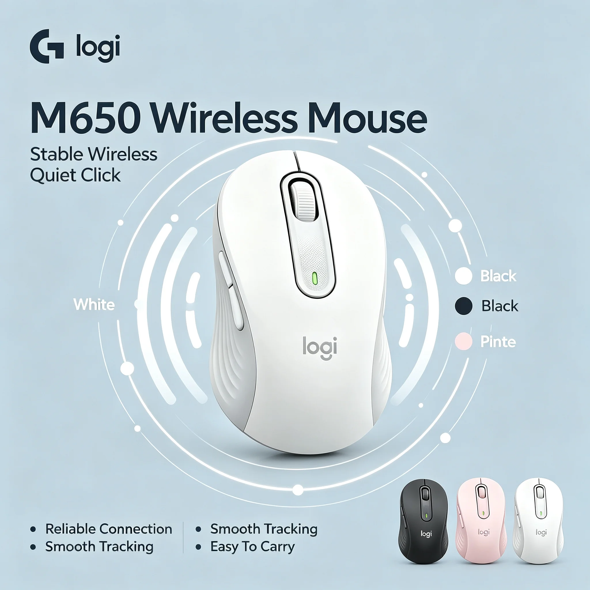 Logitech M650 Wireless Office Mouse Ergonomic Curved Shape Silent Click For Long‑Time Working