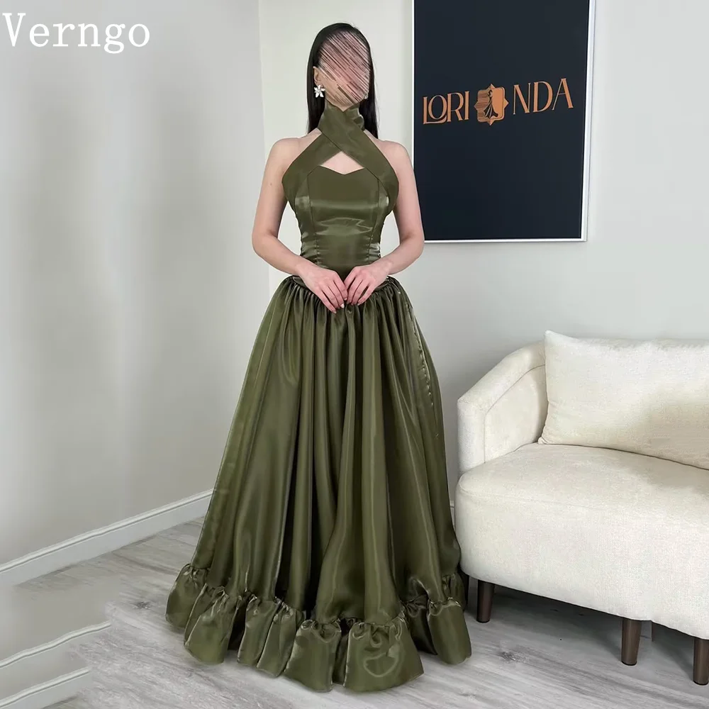 

Verngo Olive Green Shiny Evening Dress Halter A Line Formal Occasion Dress Maxi Elegant Arabia Eid Prom Gown Customized