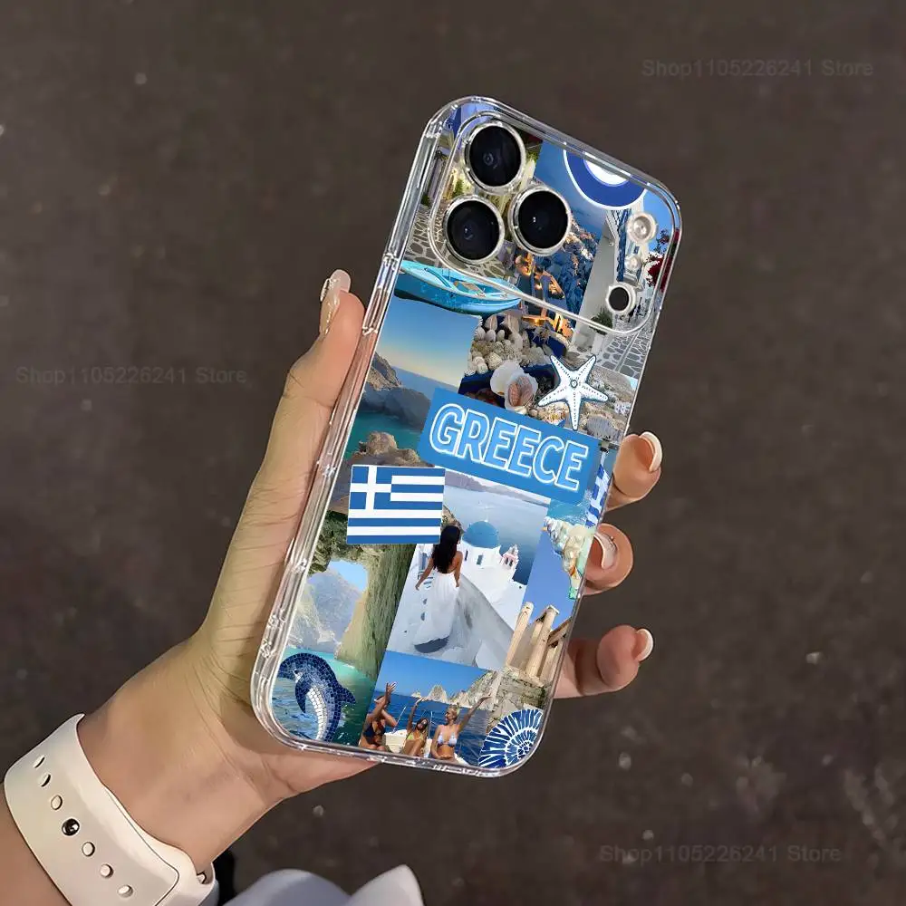 Blaue Kunst griechische Ägäis Handyhülle für iPhone 14,13,12,11,17,16,15,Pro,Max,Plus,X,XS,XR,SE,Mini transparente Softcover