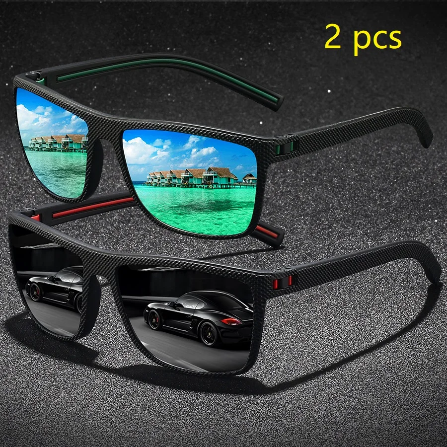 2 Pieces Vintage Check Pattern Polarized Sunglasses For Men Women Fishing Driving Fashion Square Brand Design Sun Glasses UV400