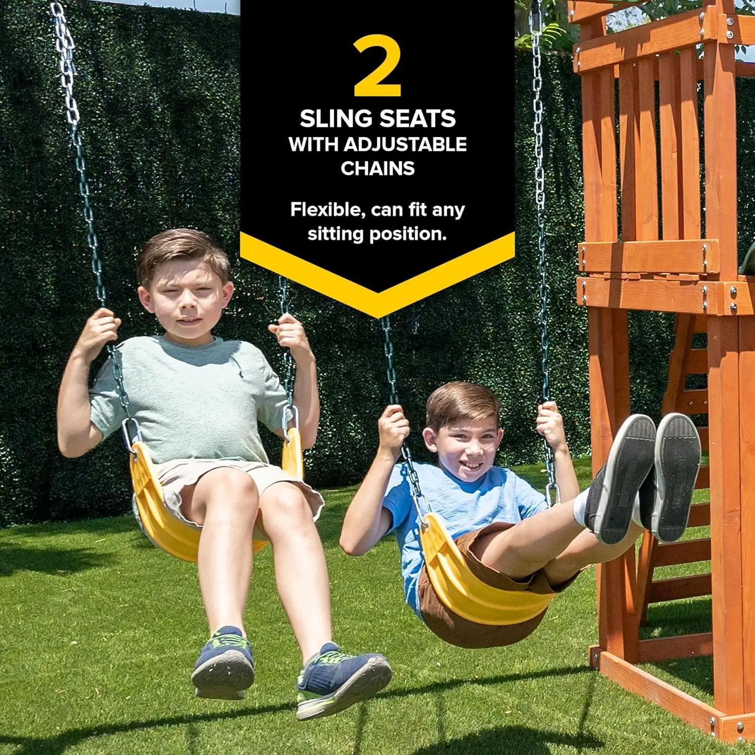 Wood Swing Set with 3 Swings, Slide, and Covered Deck with Slide