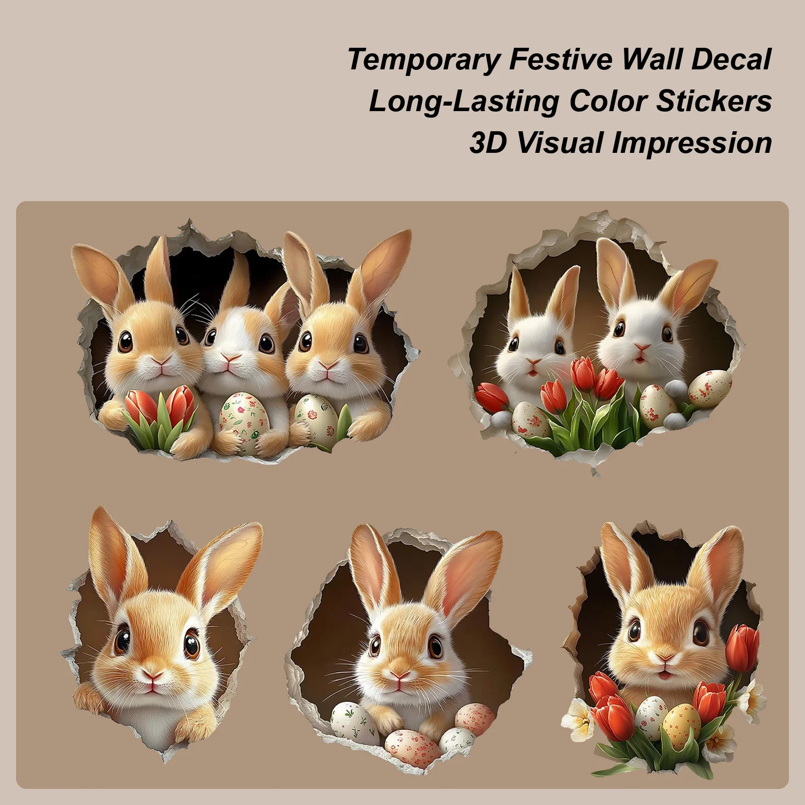 3D Hole Breaking Easter Bunny Sticker Cute PVC Self-Adhesive Ripped Easter Bunny Decals Easter Toilet Seat Wall Window Sticker