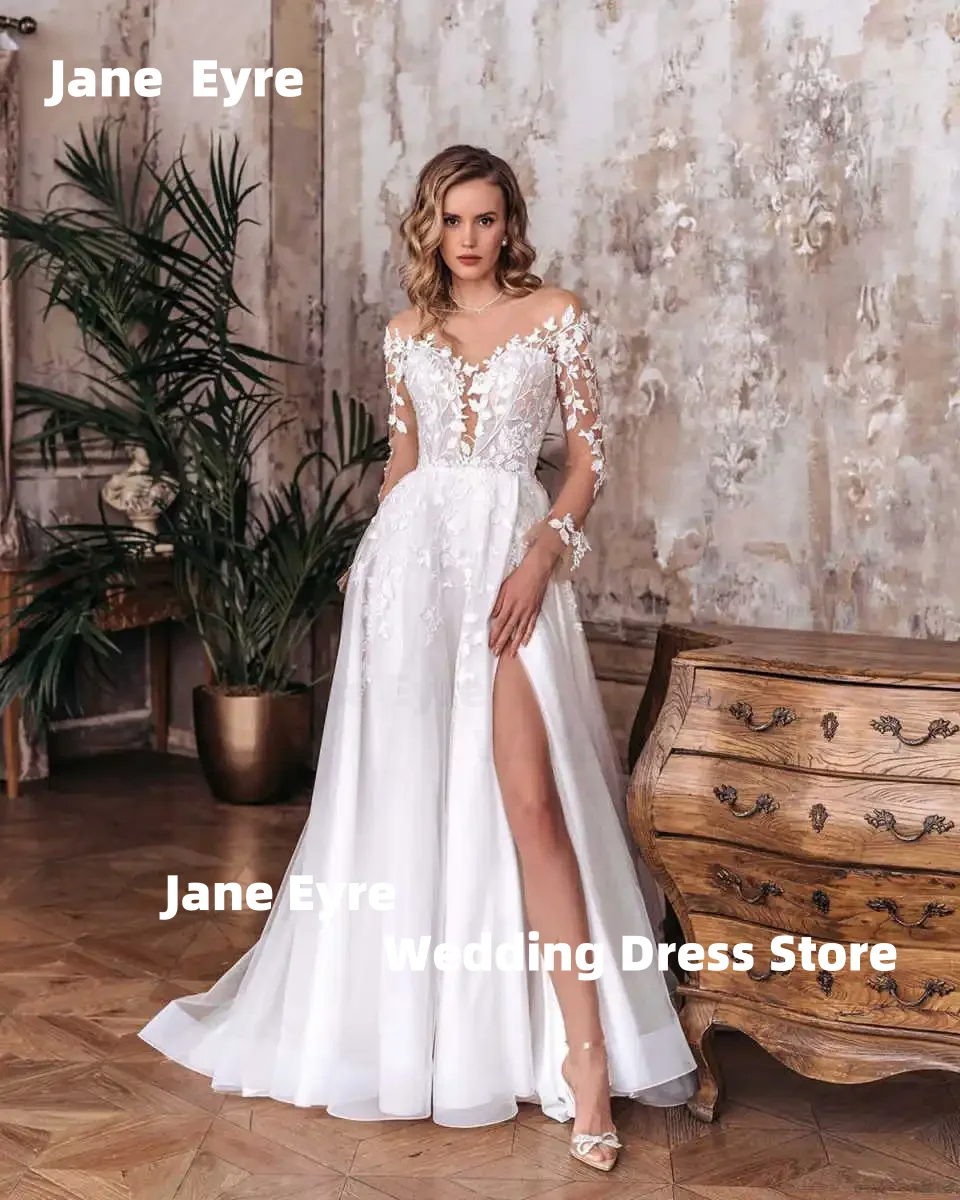 Janeey elegante a linha vestido de casamento feminino aberto volta com decote em v renda manga longa lado split vestido de noiva personalizado