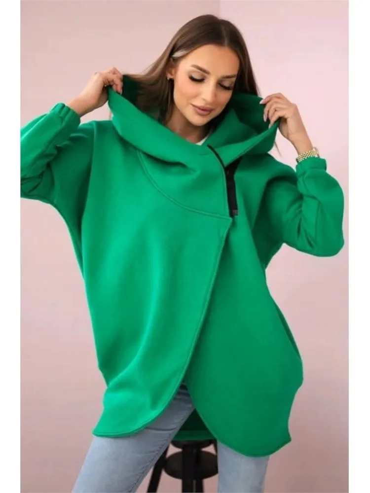 

Women Fashion Irregular Zipper Fleece Sweatshirt Hooded Autumn Winter Casual Solid Color Long-sleeved Loose Coat Female Hoodie