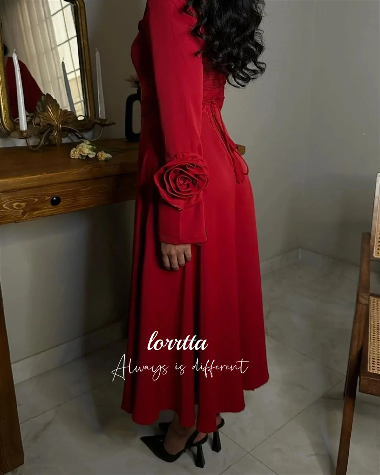 Lorrtta Medium Length Deep Red Long Sleeves V-neck Evening Dress Elegant Party Dresses Woman Prom Wedding Customized 2024 Gown