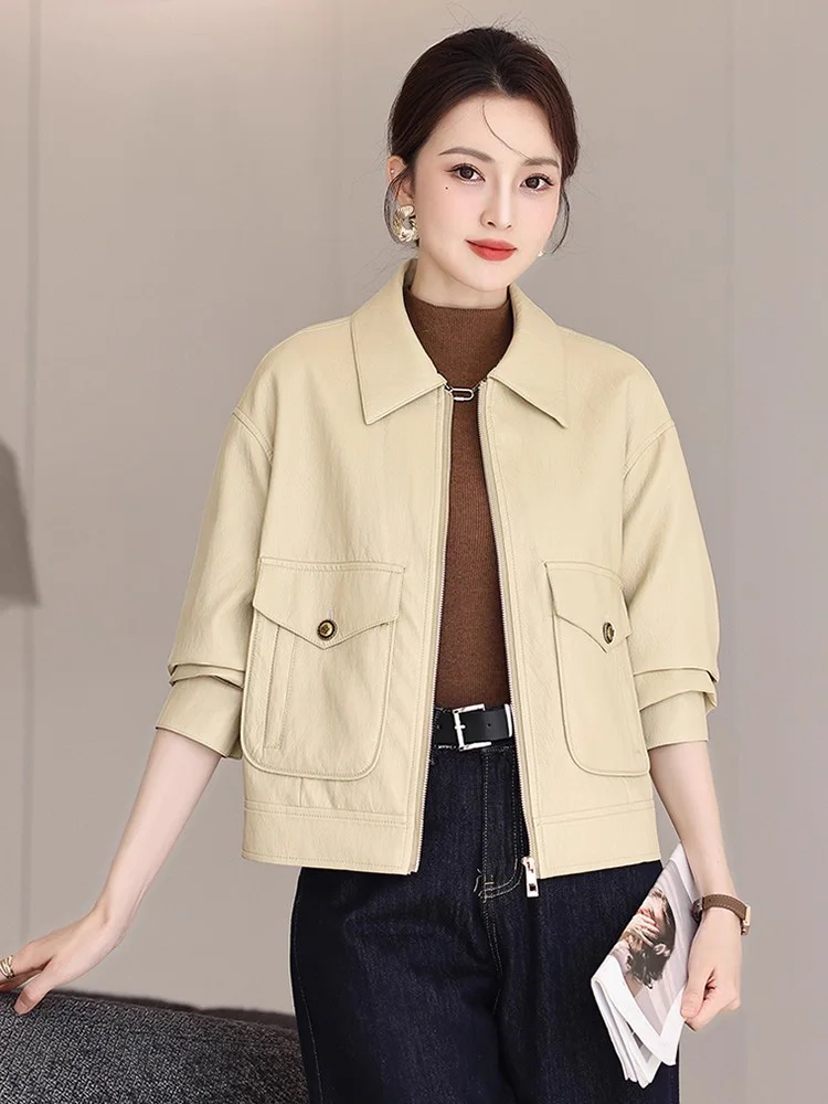 New Women Loose Split Leather Jacket Spring Autumn Fashion Turn-down Collar Long Sleeve Short Coat Casual Leather Coat Female