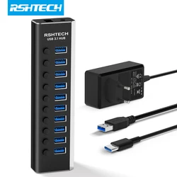 RSHTECH USB 3.1 Hub 10-Port Data Transfer 10Gbps Aluminum 36W USB Extension Hubs with 12V/3A Power Adapter USB C Hub Splitter