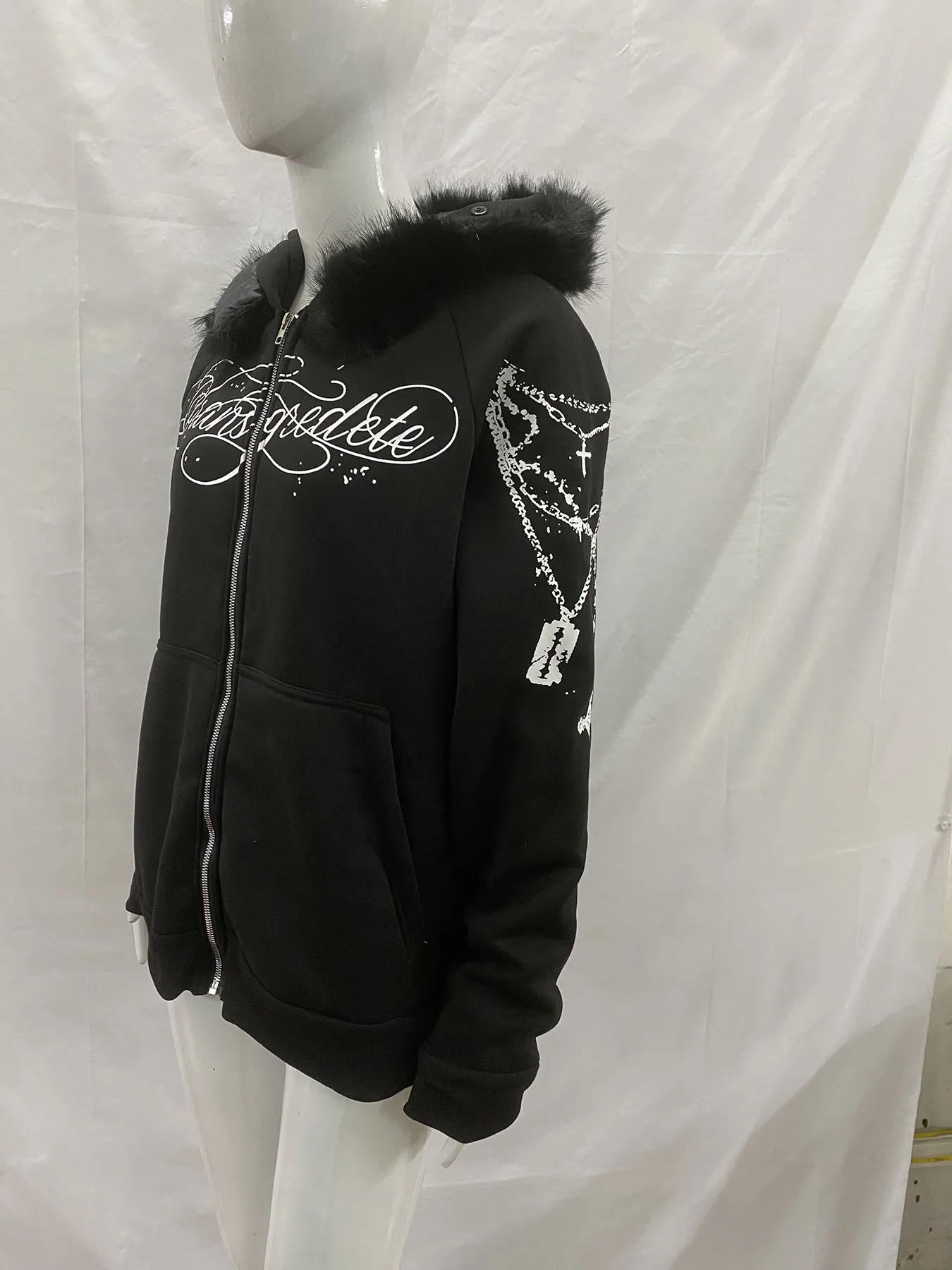 2026 Autumn Winter Y2K Street Fashion Oversized Letter Graphic Zip Up Hoodie Removable Furry Collar Retro Casual Outerwear