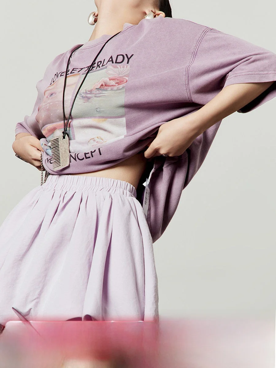 

Светло-фиолетовая женская футболка с винтажным принтом, свободного кроя, летняя, новая, повседневная, простая, креативная, хлопковая, для города
