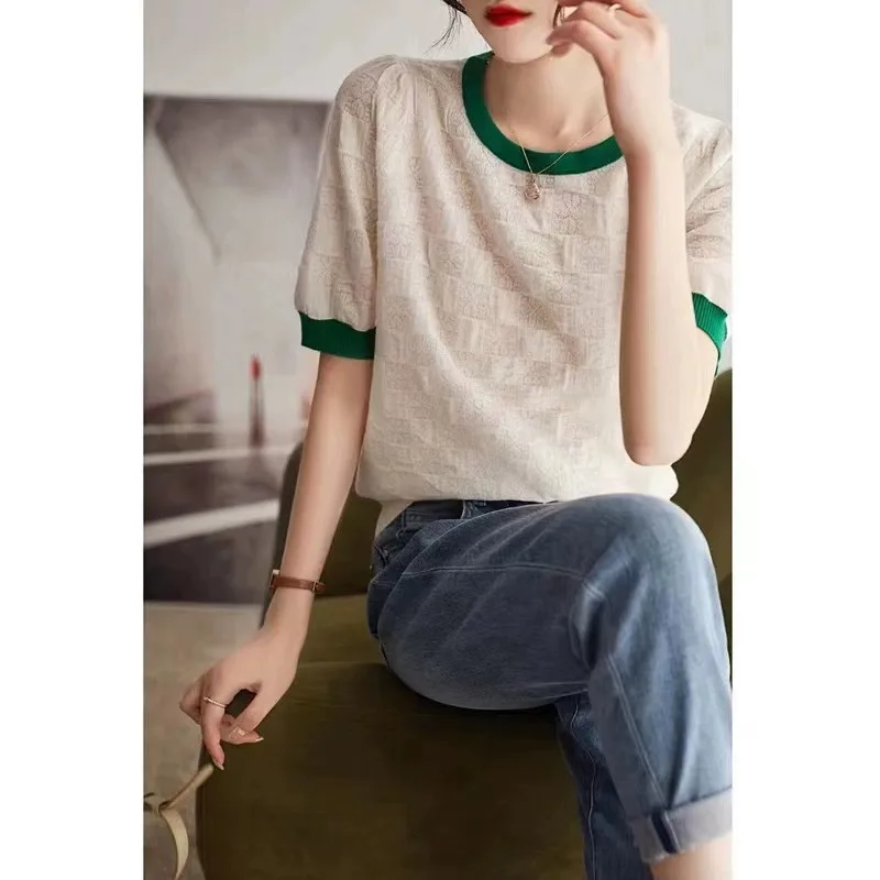 Summer new crewneck  color small checker knitted short sleeve ice silk T-shirt women's  cotton thread half sleeve loose T-shirt