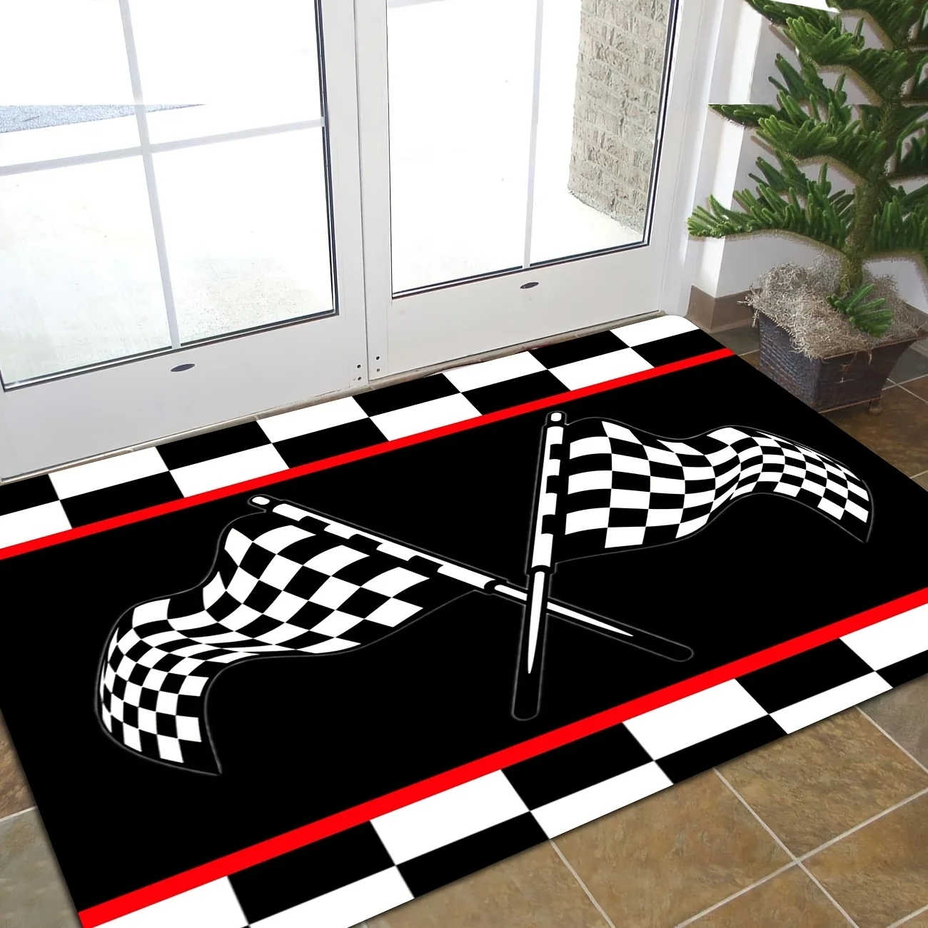 Racing Flag Checkered Doormat for Entryway Floor Mat Home Garage Decor Multi Color Race Pattern Stylish Entrance Welcome