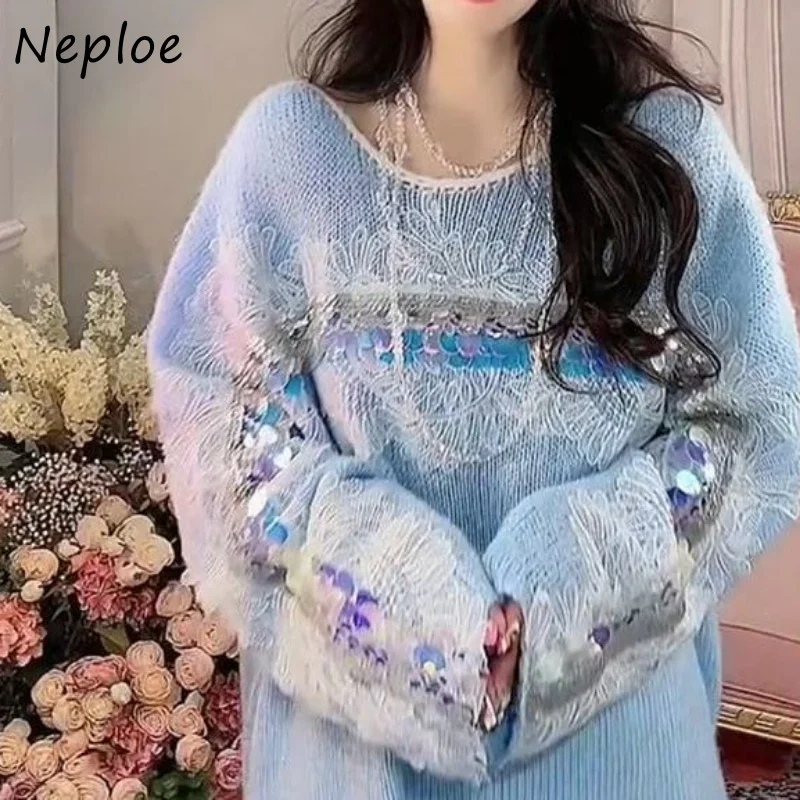 Neploe O Neck Solid Color Long Sleeve Pull Femme Autumn Winter Jersey Mujer Sweater Y2k Vintage Shiny Lace Patchwork Jumpers