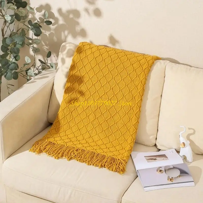 C4DF Nordic Acrylic Knitted Sofa Throw Blanket with Tassels Rhombus Textured Shawl Warm Woven Decorative Couch Cover