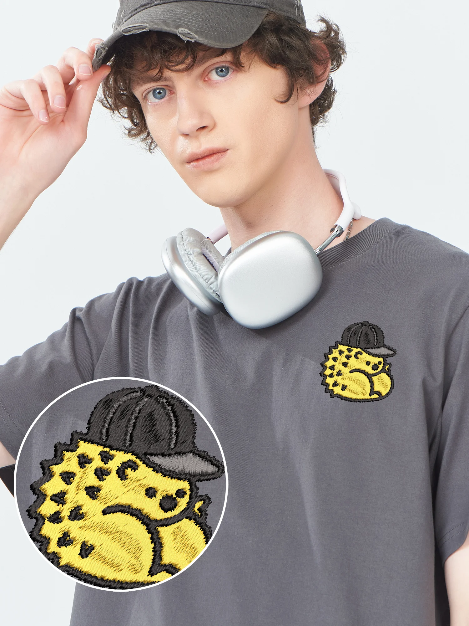 

Hedgehog Wearing Hat Embroidered Shirt Graphic Tee Cotton Unisex Comfortable Trendy Embroidery T-Shirt Mens Gift