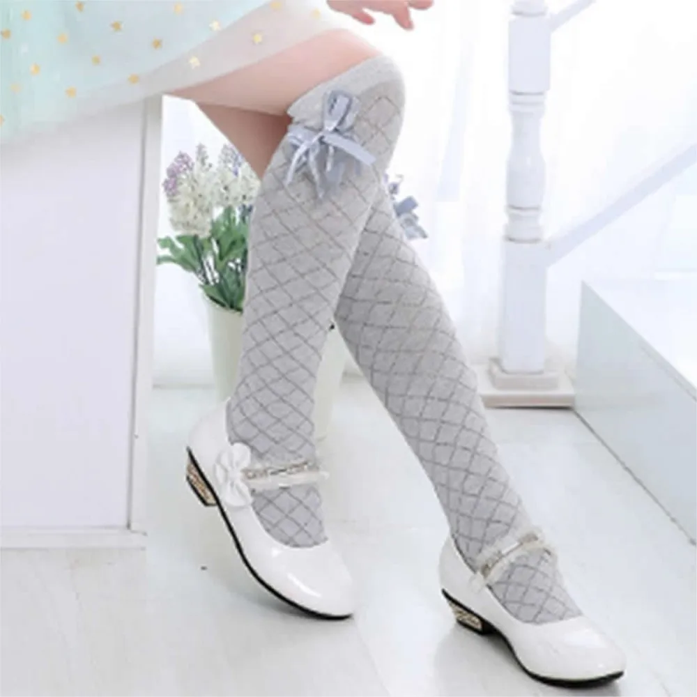 Kids fall tube socks rhombus lattice Girl princess socks cotton lace bowknot thin cotton 100% knee high above long socks