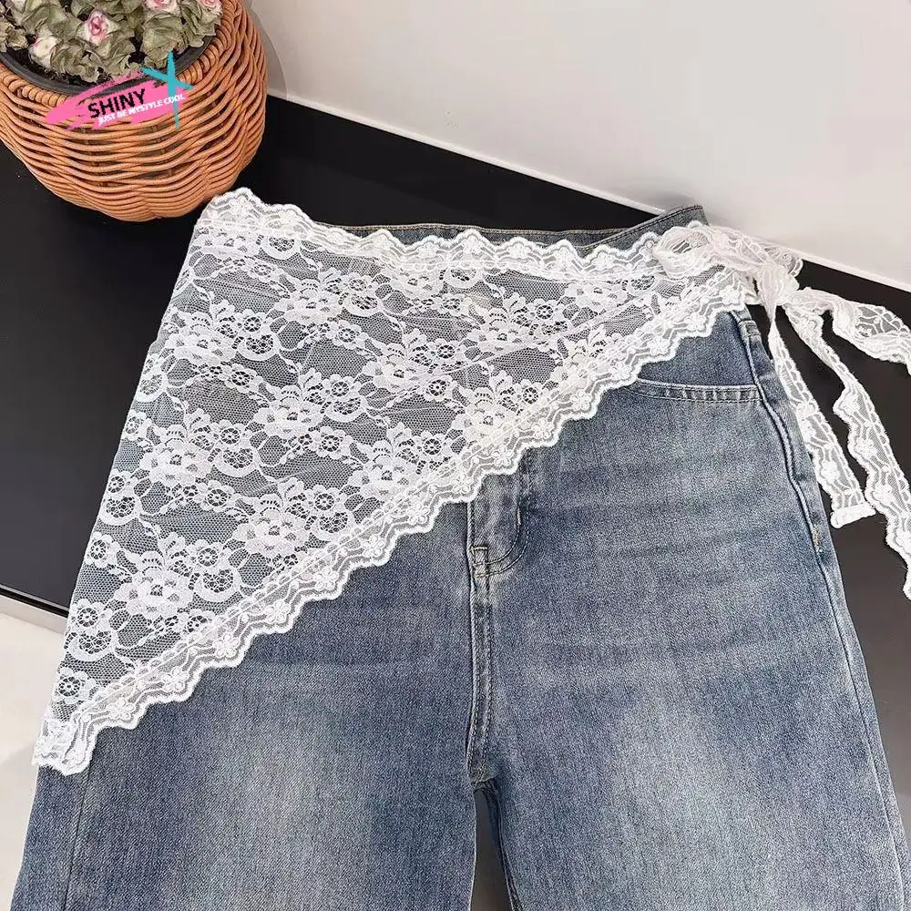 

Harajuku Y2K Lace Half Skirt Triangle Trendy Outwear Mini Skirt Lace-up Korean Style Gauze Skirt Match Pants