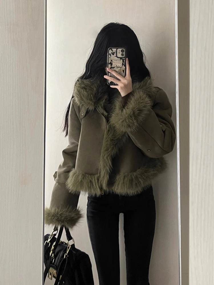 Jacket Women\'s Stitching Short Leather and Fur Suede Thickened Green Lapel Long Sleeve Loose Autumn Winter High-Grade Clothing