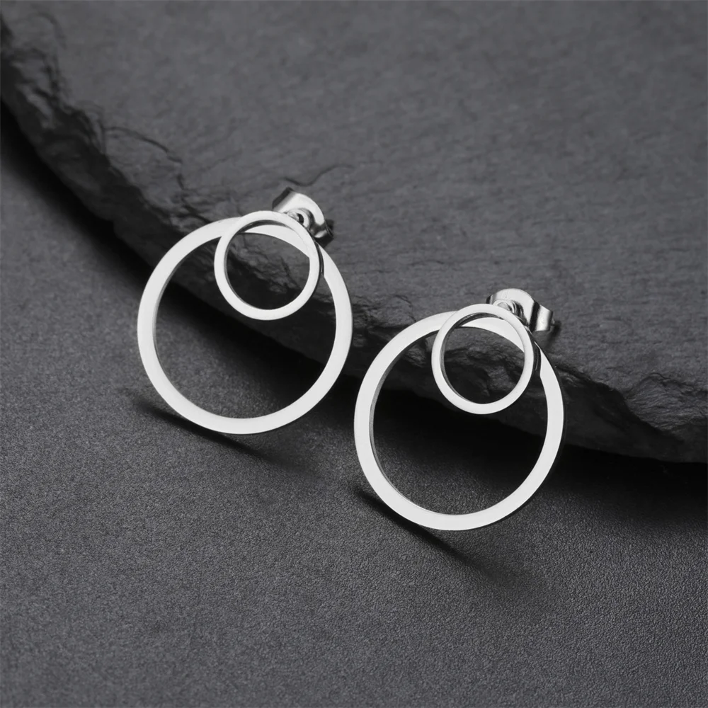 My Shape Double Circle Round Stud Earrings Geometric Earrings Stainless Steel Earrings Minimalist Front Back Earrings Jewelry