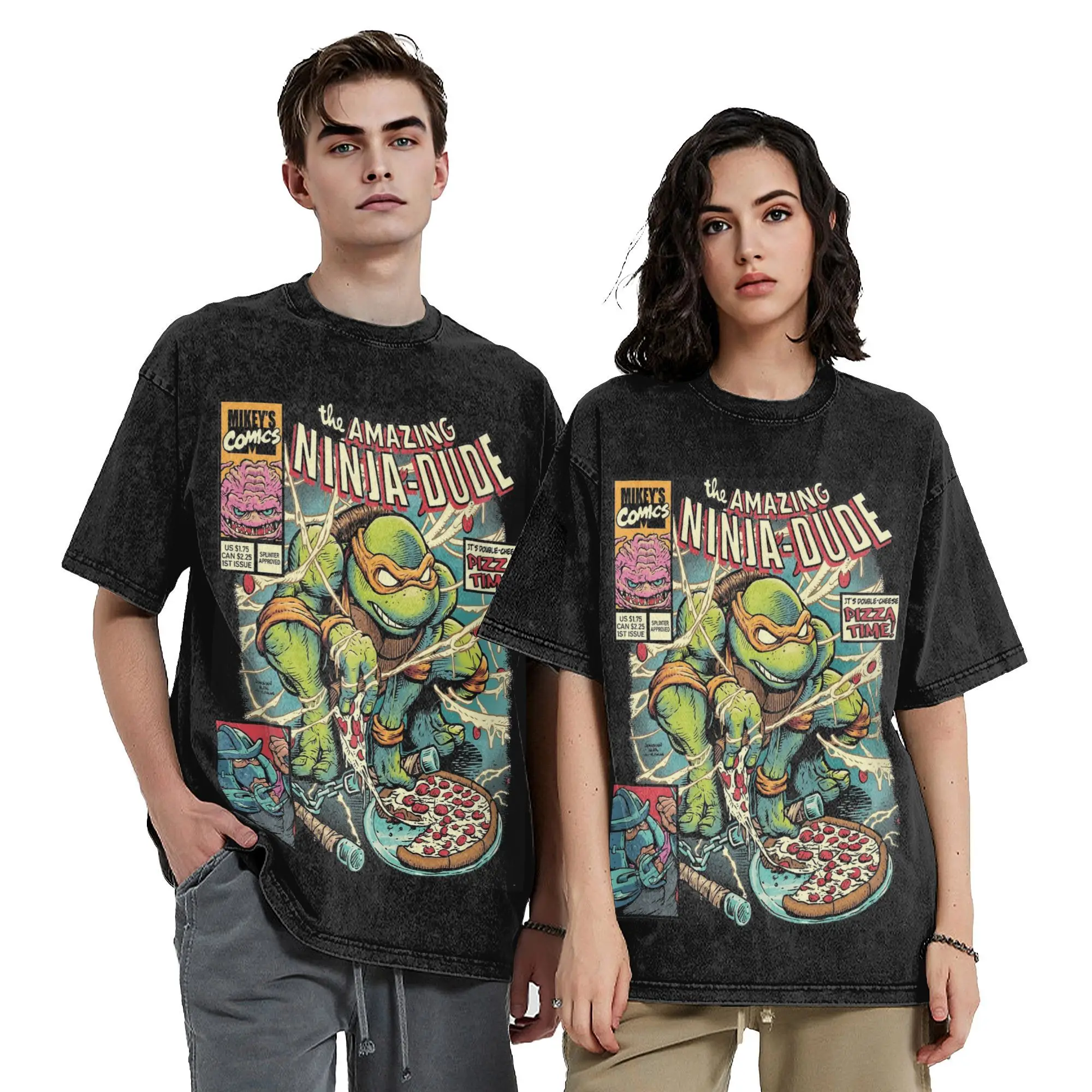 Men Women Vintage Washed T-shirts The Amazing Teenage Turtles Dude  Print Shirt Accessories High Street Cartoon Tee Shirts